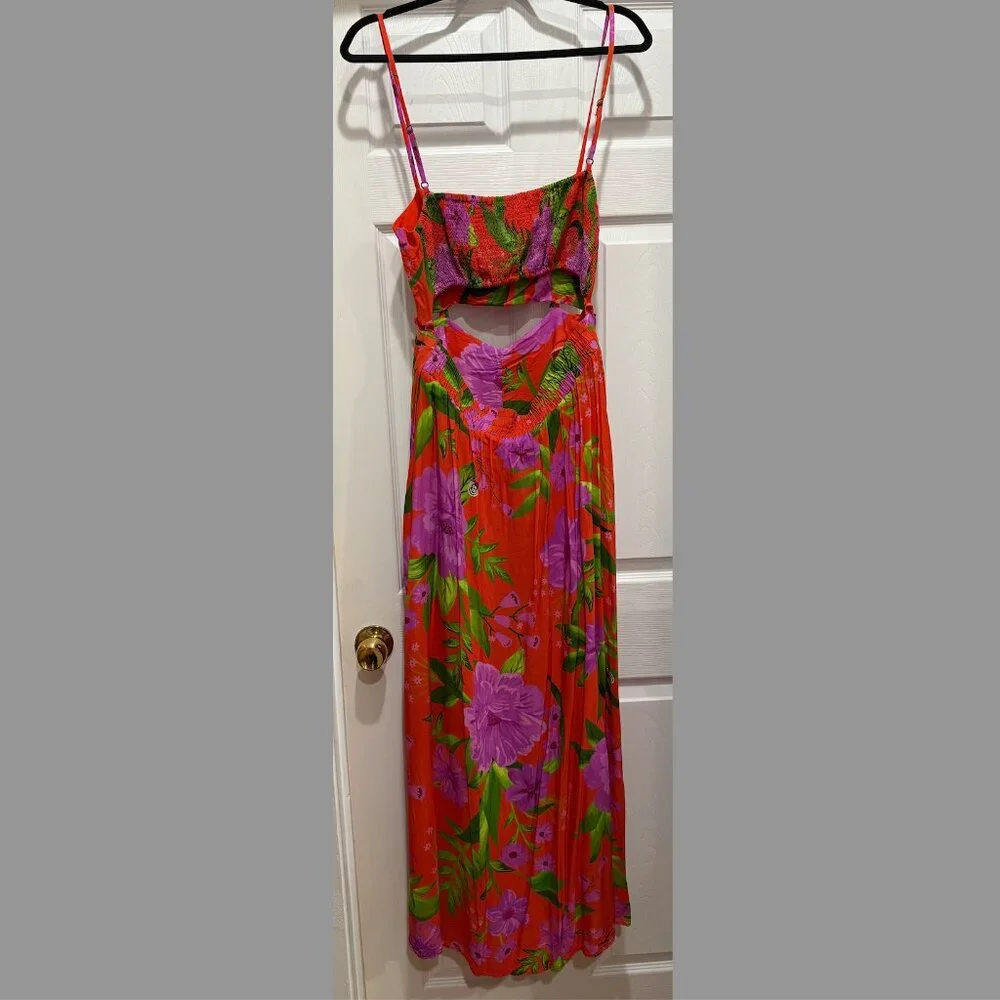 FARM Rio Vibrant Red Maxi Dress with Purple Floral Design - Picture 3 of 3